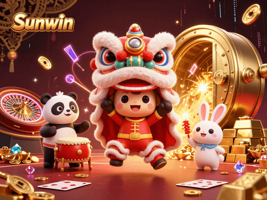 Experience the excitement of Sunwin casino games with a vibrant 3D illustration featuring festive characters and dynamic gaming elements.