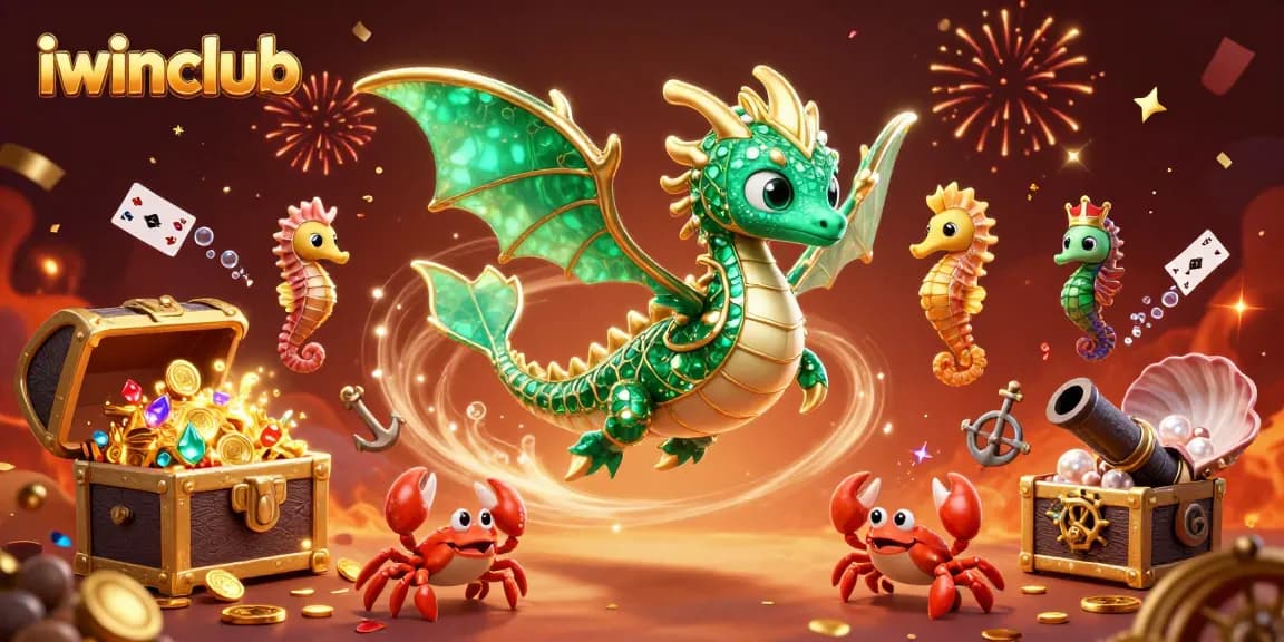 Engage with the vibrant iwinclub universe featuring a playful sea dragon and treasure chest amidst casino-themed elements.