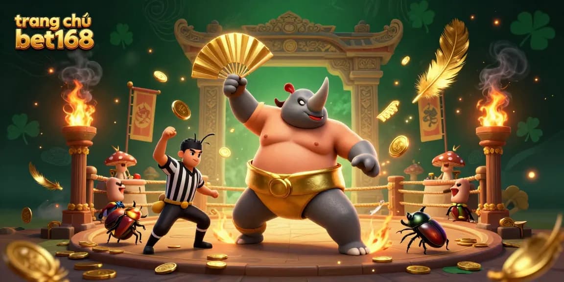 Engage with the vibrant scene at trang chủ bet168 featuring a sumo champion beetle and rich casino elements.