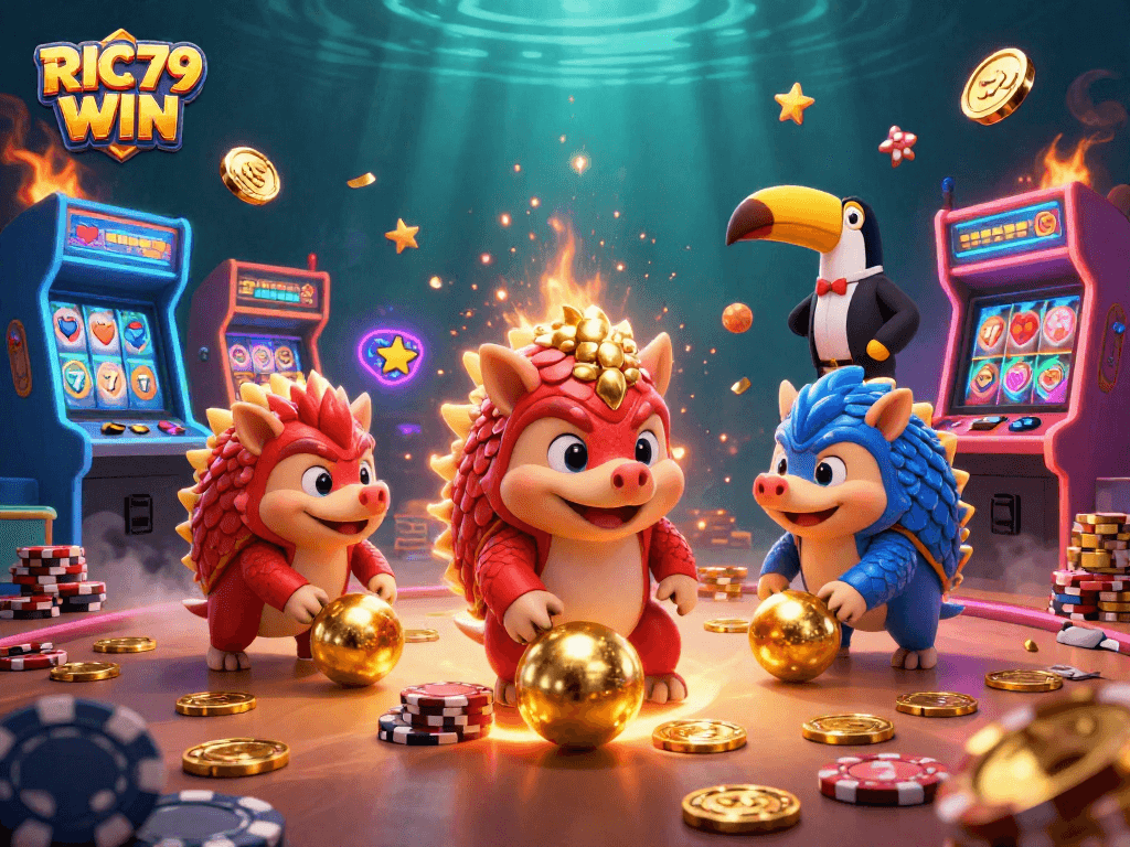 Experience thrilling action with RIC79 WIN as pangolins challenge in a vibrant casino arcade scene.