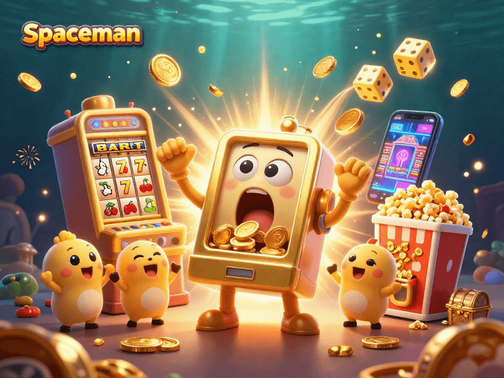 Spin and win with the spaceman slot jackpot, featuring golden coins and cheerful machines.
