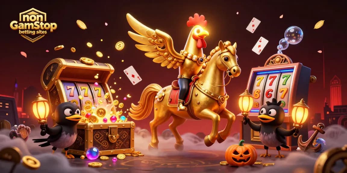 Engage in exciting gameplay at non GamStop betting sites, featuring a golden rooster and treasure-filled casino.