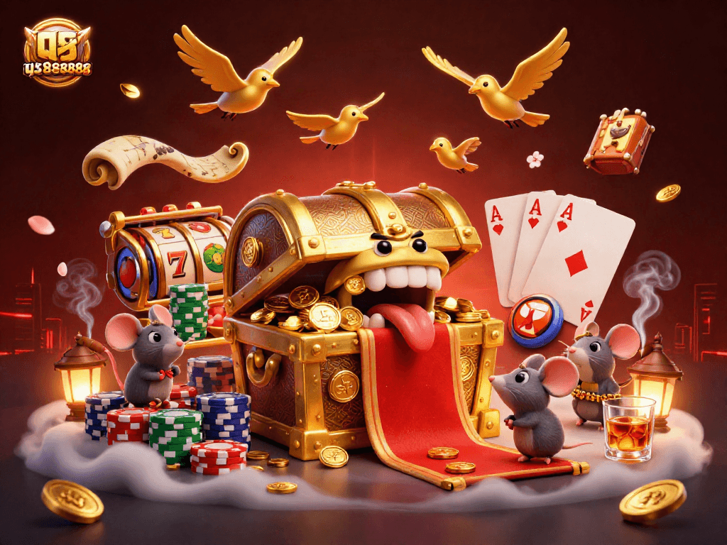 Experience thrilling wins and excitement with qs888888 in this vibrant casino illustration packed with dynamic gaming elements.