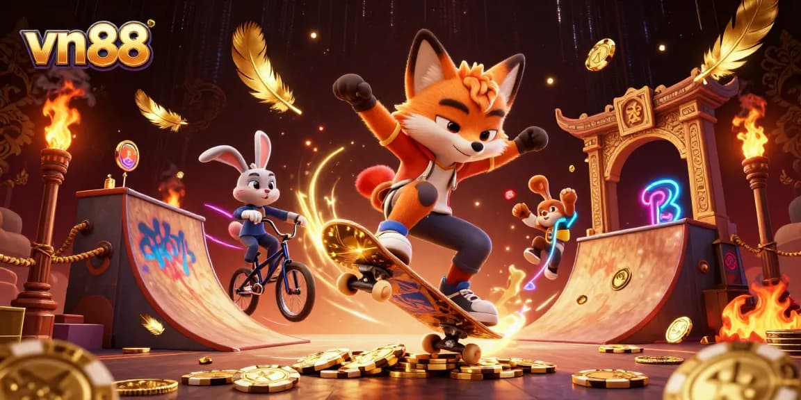 Engage in thrilling gaming at vn 88 with a vibrant scene of cartoon characters amidst casino symbols and dynamic elements.