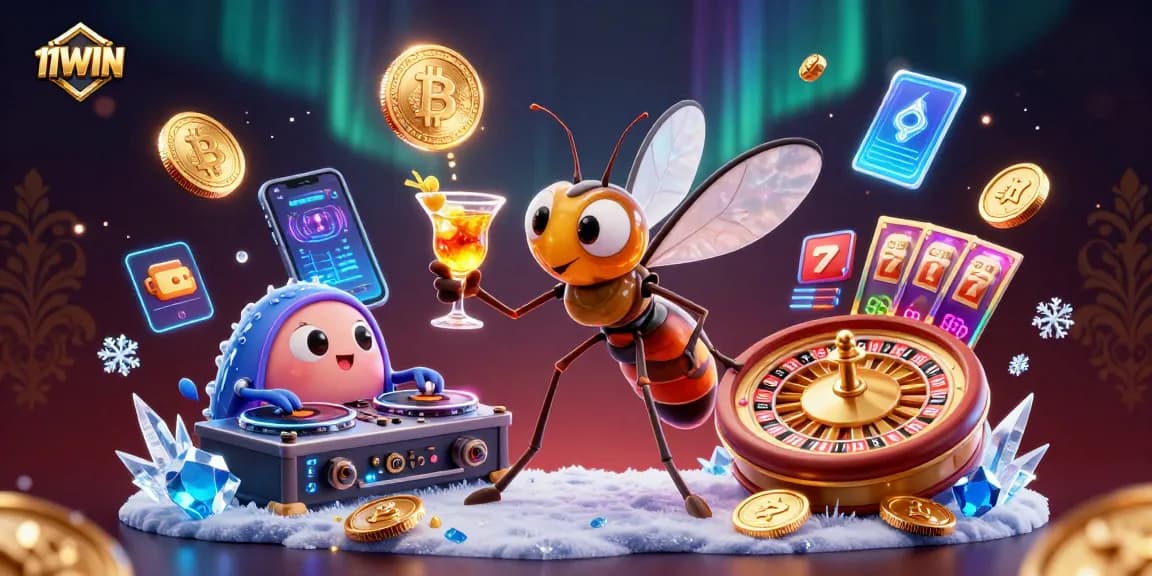 Experience the excitement at 11WIN casino with a vibrant 3D illustration featuring a unique mascot.