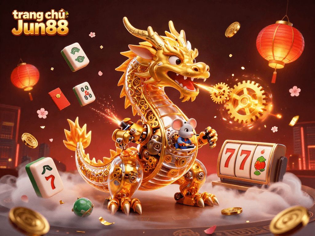 Engage in the vibrant gaming action of trang chủ Jun88 with an illustration featuring a dragon, slot reels, and festive elements.