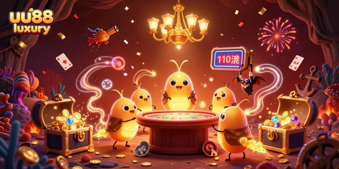Experience the thrill of uu88 luxury with glowing glowworms and a bat dealer in a dynamic casino scene.