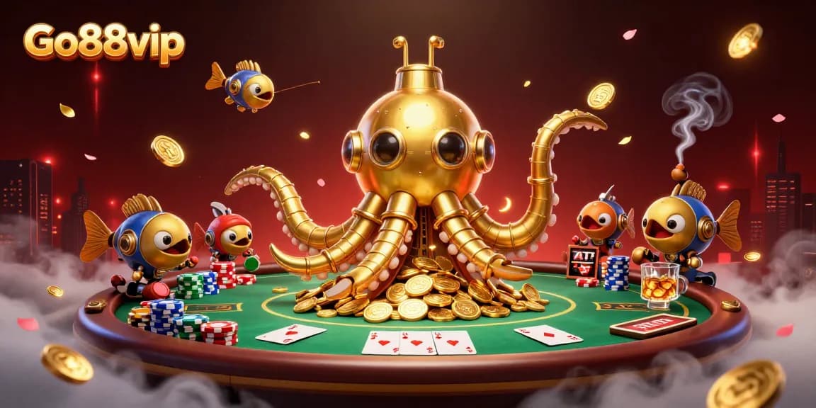 Experience thrilling gameplay at Go88vip with a vibrant 3D illustration featuring a golden kraken and poker elements.