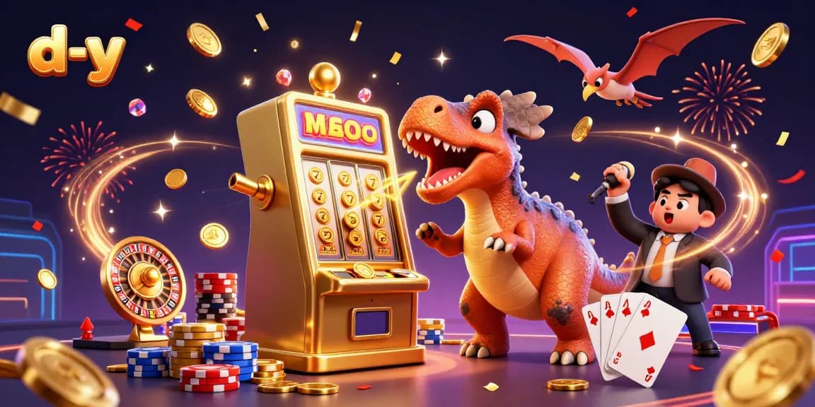 Engage in thrilling wins at d-y as a dinosaur celebrates jackpot coins from a slot machine.