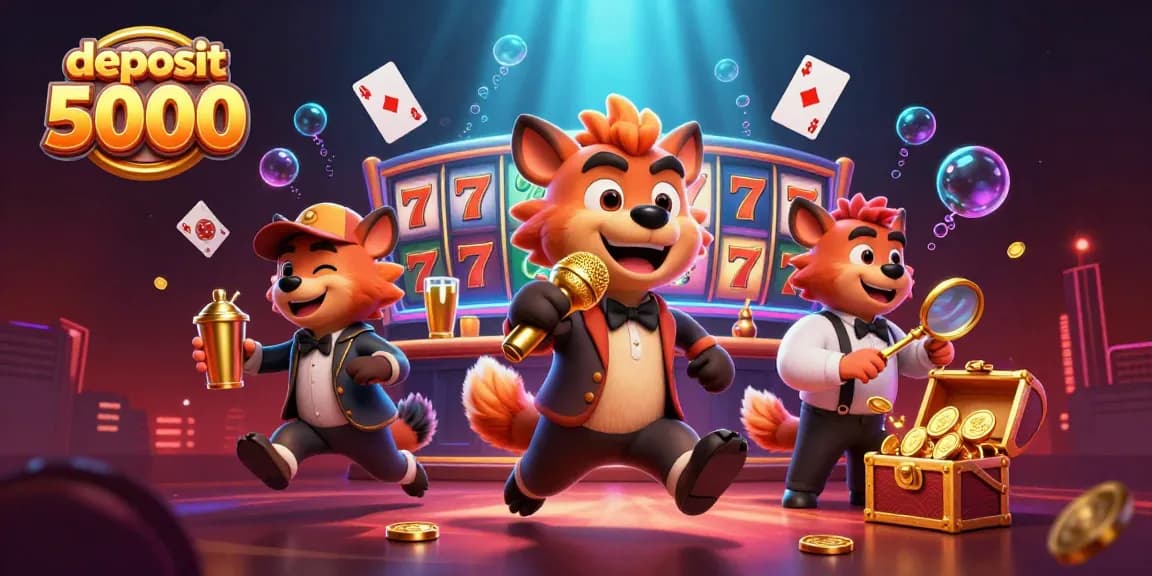 Engage with deposit 5000 at a vibrant casino scene featuring hyenas and slot machines.