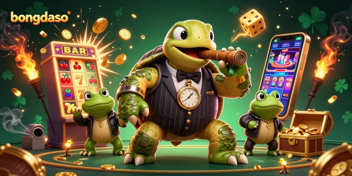 Bongdaso captures the excitement of gaming with a colorful, engaging illustration of a cartoon turtle casino scene.