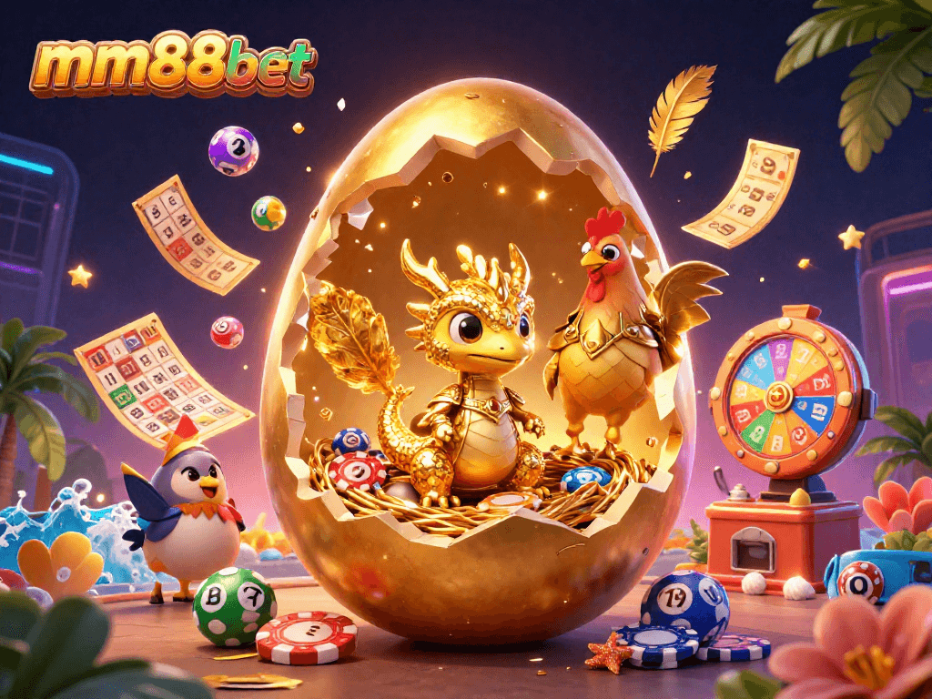 Engage with mm88bet's vibrant gaming world featuring a golden dragon, poker chips, and lively lottery elements.