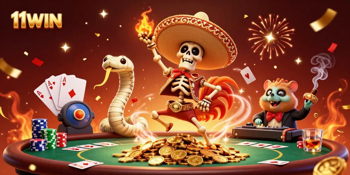 11WIN celebrates with a lively poker scene featuring a dancing mariachi rooster and DJ hamster.