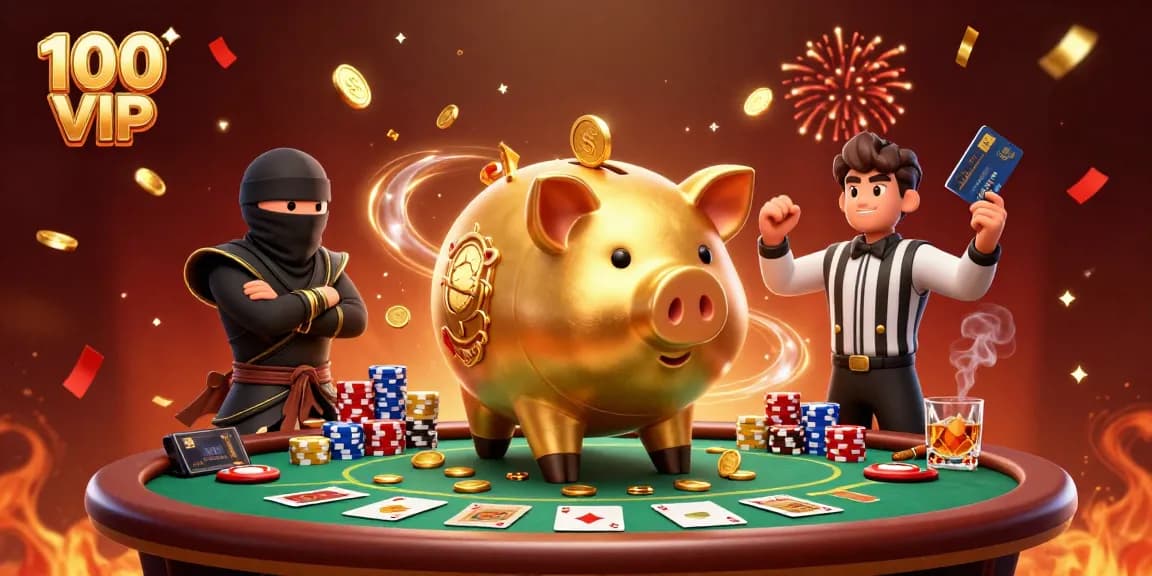 Experience dynamic gaming at 100 VIP with lively characters like the golden piggy bank wrestler.