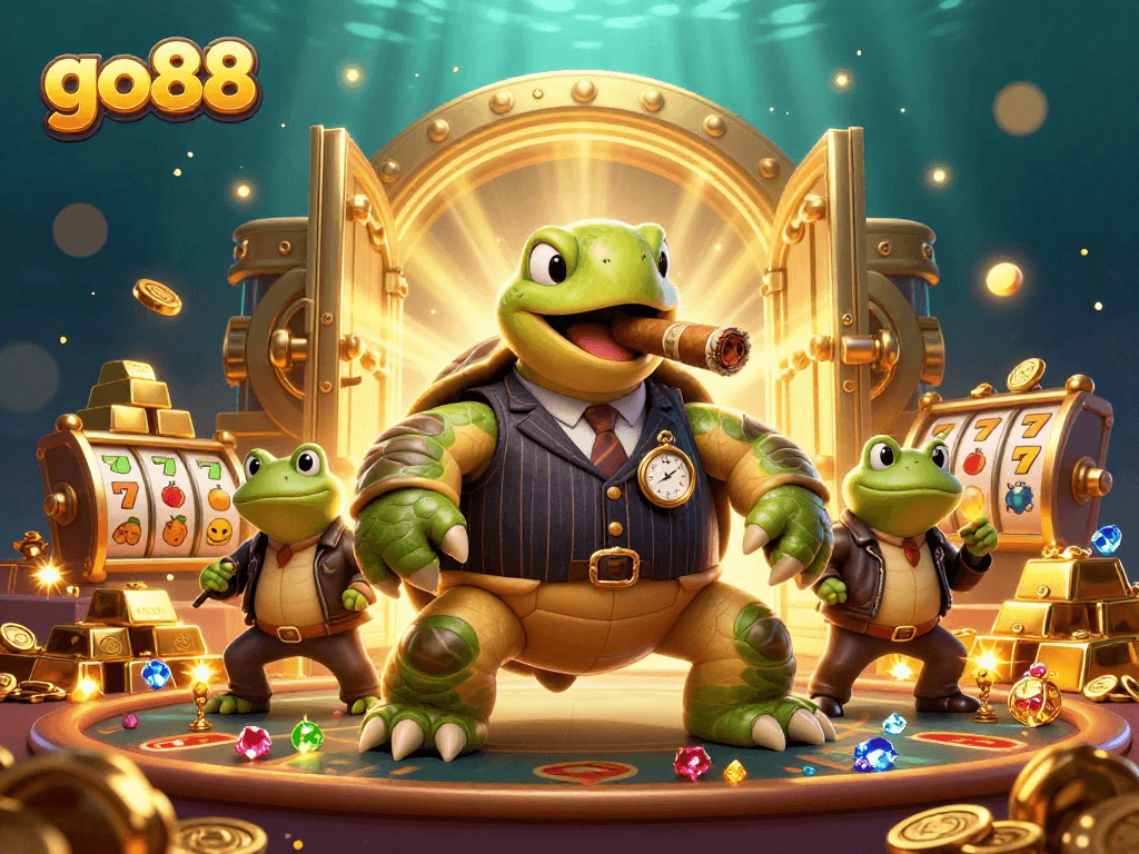Engage with go88's vibrant casino world featuring a turtle dealer, slot reels, and treasure.