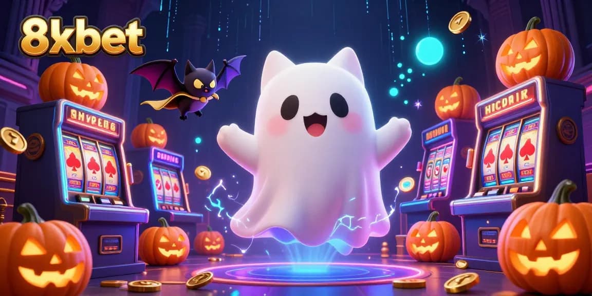 Engage in thrilling gameplay at 8xbet, where a ghost cat and vampire bat roam a fantastic haunted casino.