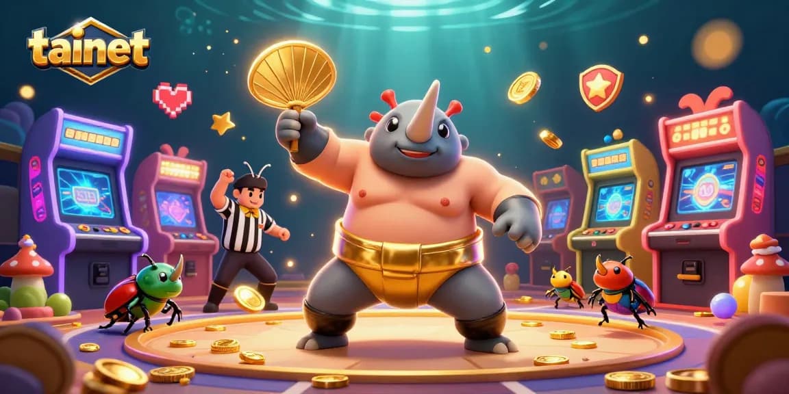 Tainet casino excitement with a sumo beetle champion, flying coins, and vibrant game elements in action.