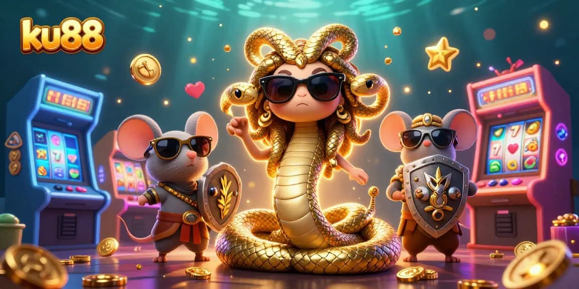 ku88 brings alive a vibrant casino scene with playful characters and dynamic gaming elements.
