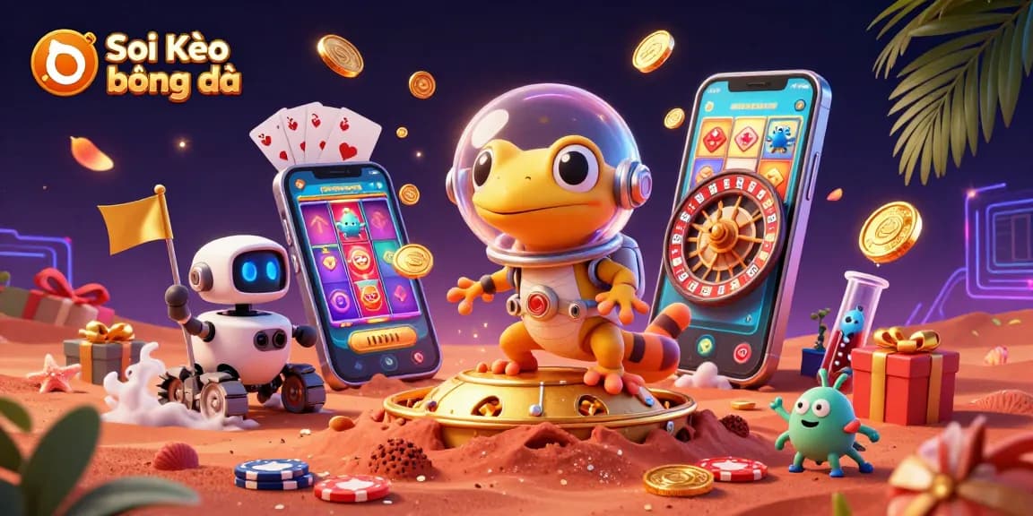 Soi Kèo bóng đá adventure with a Martian gecko uncovering a vibrant casino scene.