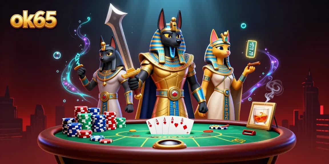 Engage in intense poker action with ok65 as Anubis and Bastet surround a vibrant casino scene.