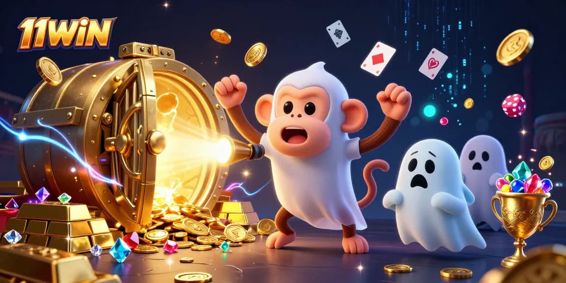 11WIN's vibrant 3D casino scene features a playful poltergeist monkey and ghost-hunter puppy exploring gold treasures.