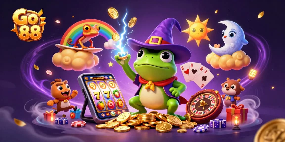 Engage in thrilling fun with Go 88 as a wizard frog rains golden coins, vibrant slot themes, and gaming excitement unfold!