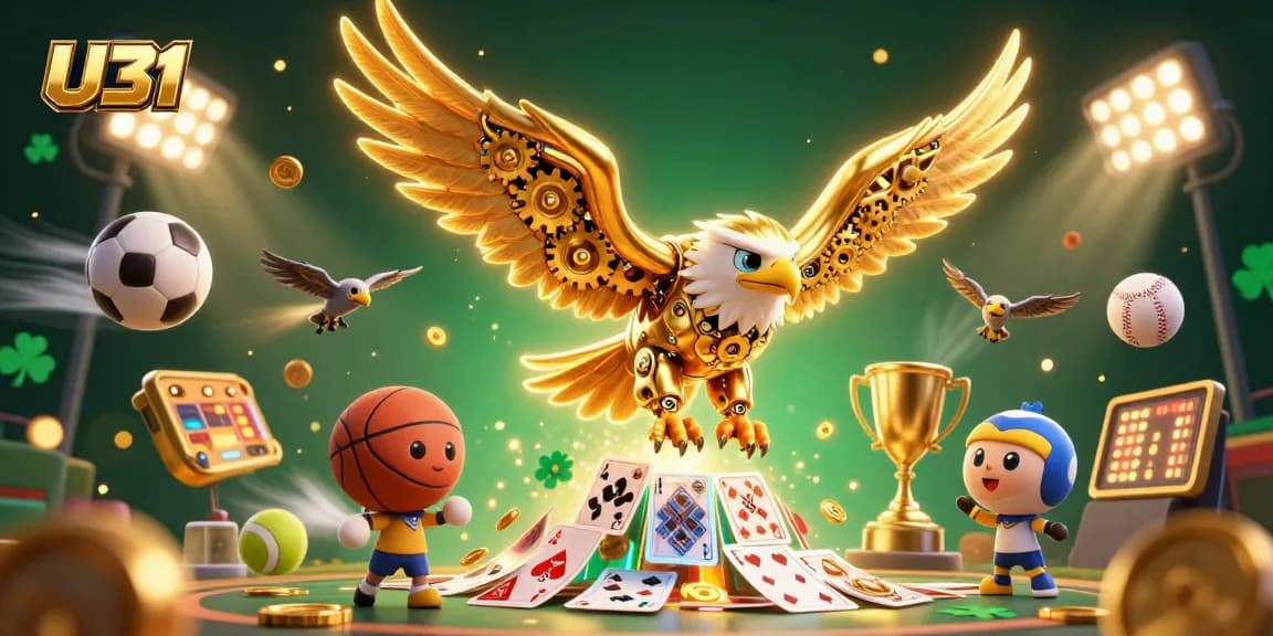 Experience the thrill of U31 casino gaming as a golden eagle dives through holographic cards surrounded by flying sports balls.