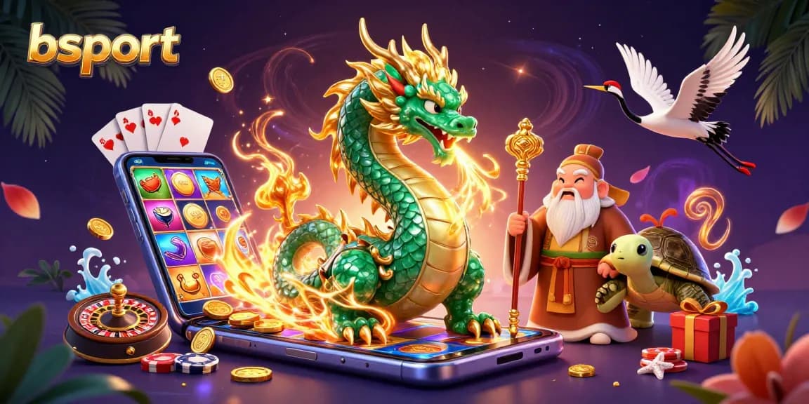 Experience the excitement of bsport with a vibrant 3D illustration showcasing a jade dragon and casino elements.