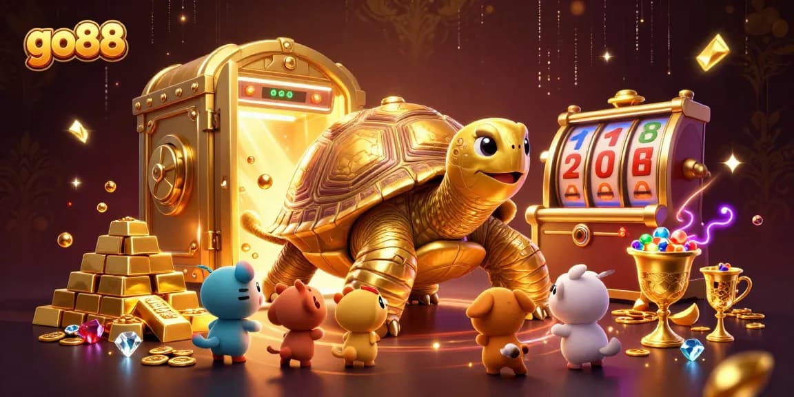 Experience thrilling gameplay at go88 with a vibrant illustration of a golden tortoise pinball machine and treasure.