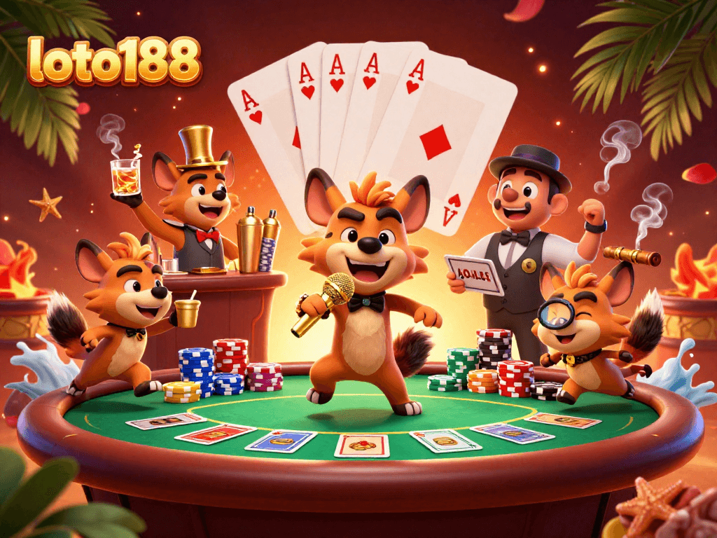 Join the laughter at loto188 with hyenas running a comedy casino featuring vibrant poker elements.