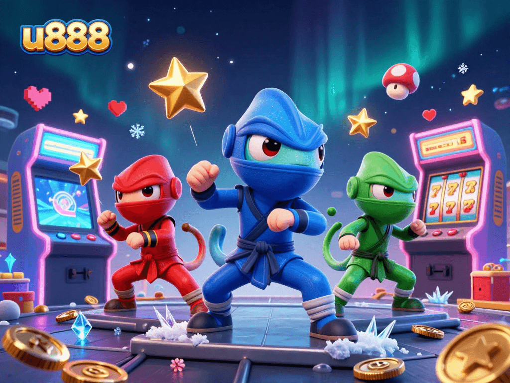 Experience thrilling wins at u888 with 3D cartoon ninja chameleons in an action-packed casino scene.