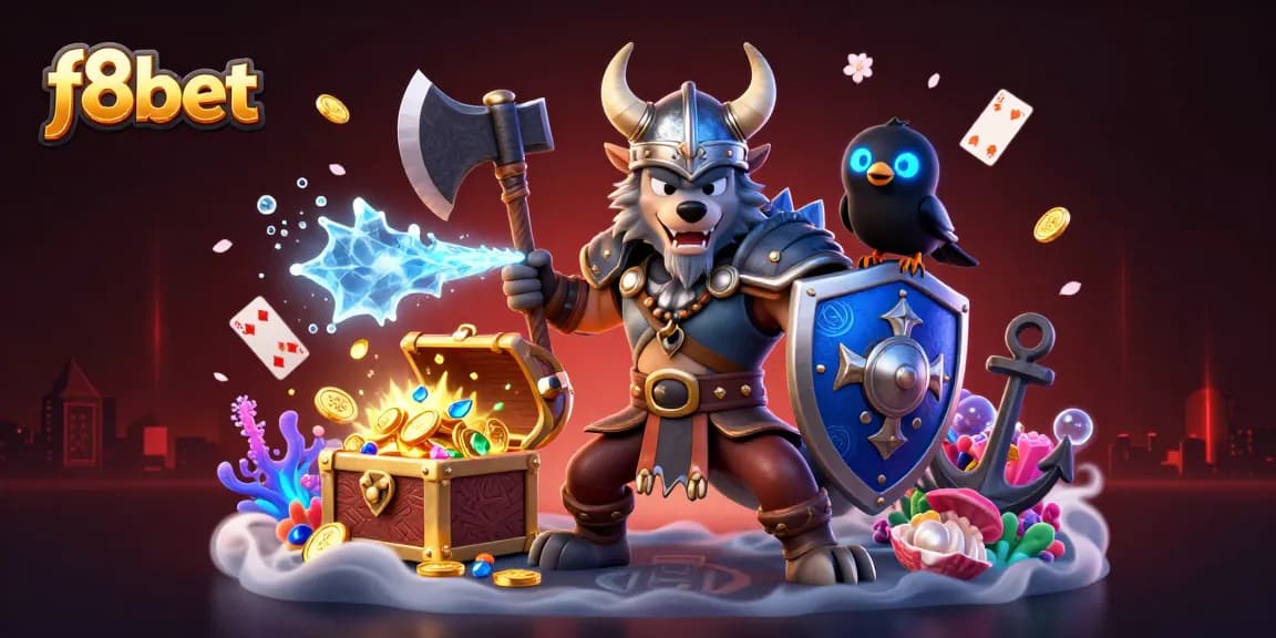 Experience thrilling gaming with f8bet's Viking warrior, dragon, and treasure-filled casino adventure.