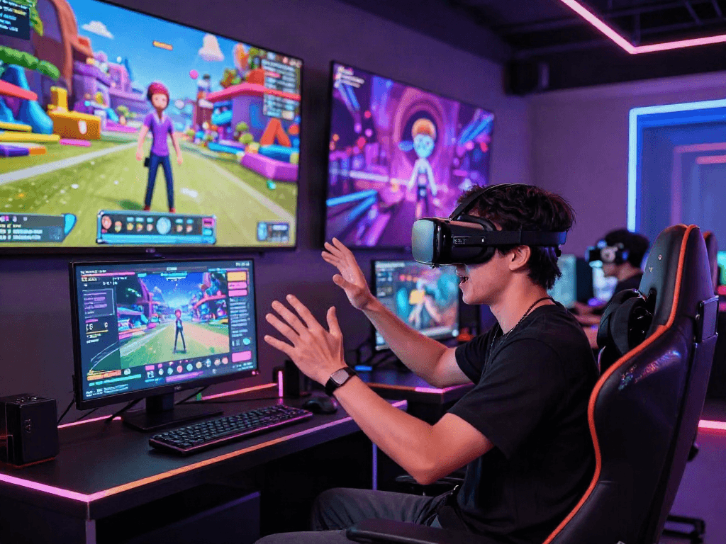 Engaging scene of gamers experiencing a lively sex simulator in a virtual reality environment, showcasing interaction and excitement.