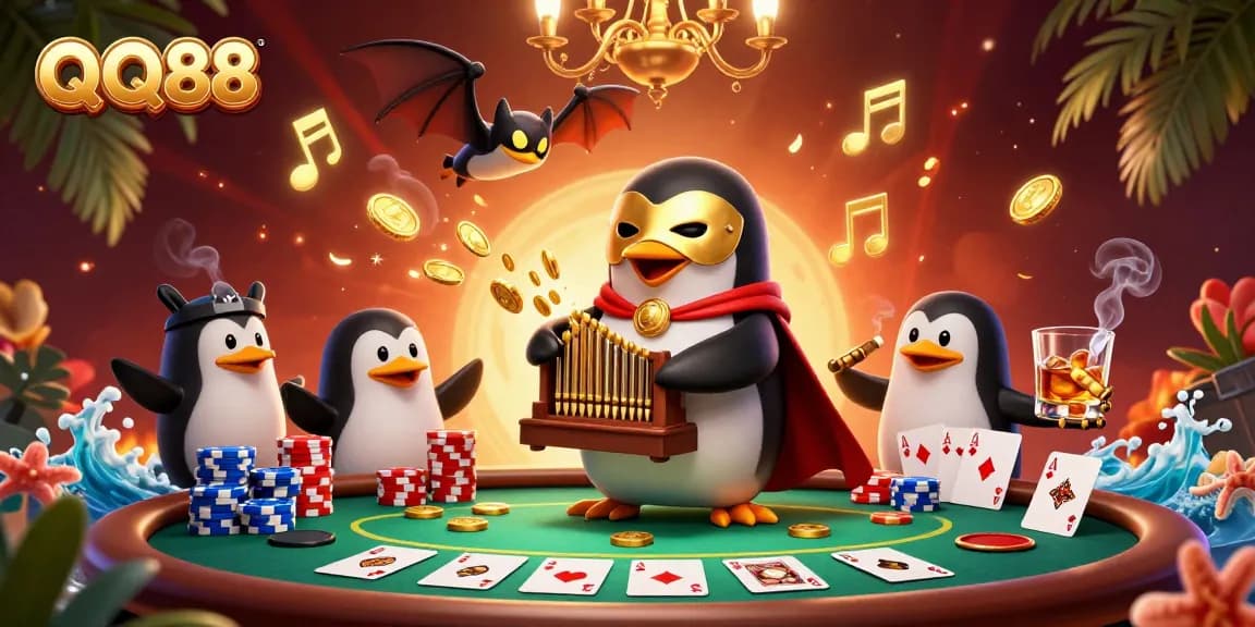 Experience exciting gameplay at QQ88 with a lively casino scene full of vibrant characters and gaming elements.