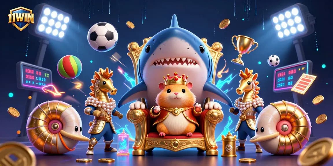 Experience the excitement of 11WIN with a dynamic casino scene showcasing a golden hamster king and sports elements.