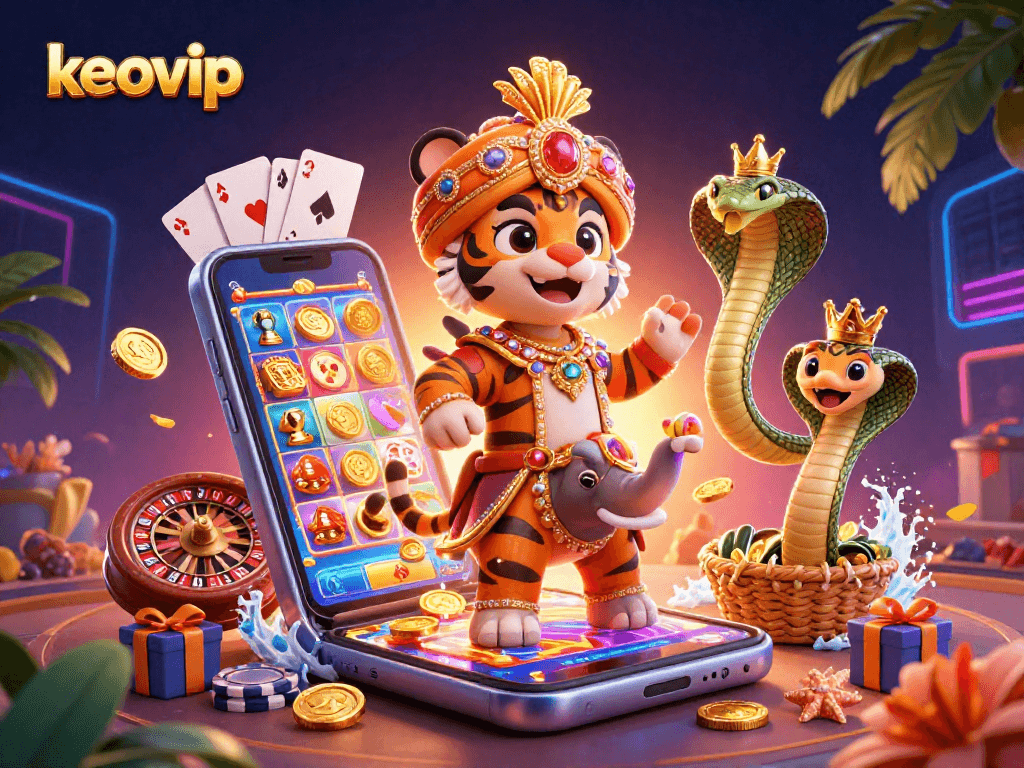 Spin and win with keovip in a vibrant 3D casino extravaganza featuring tiger and elephant.