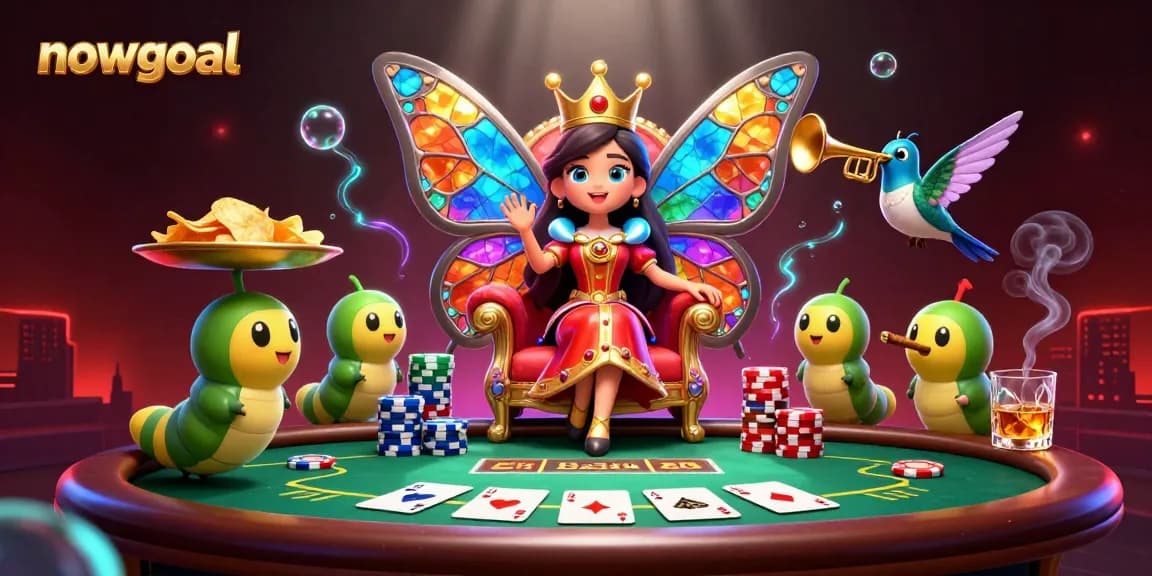Experience the vibrant nowgoal action with a butterfly queen amidst chips and poker excitement.
