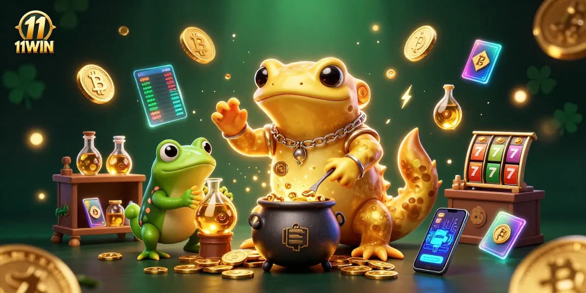 Experience the enchanting alchemy of 11WIN's casino with golden coins and vibrant crypto elements.