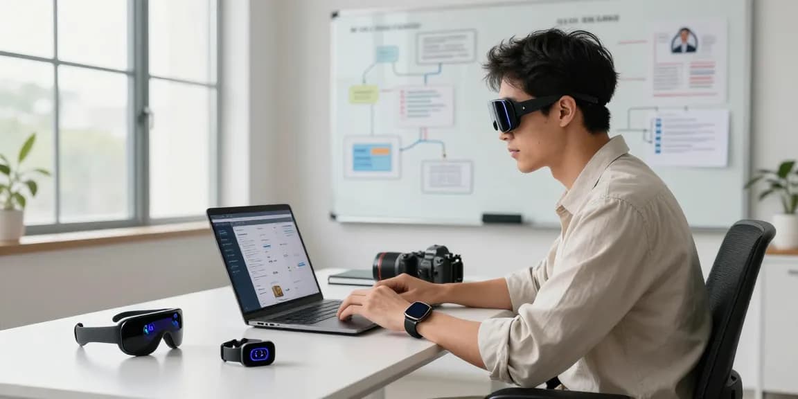 Tech enthusiast exploring AI wearables with a modern workspace setup, showcasing innovative gadgets and tech interaction.