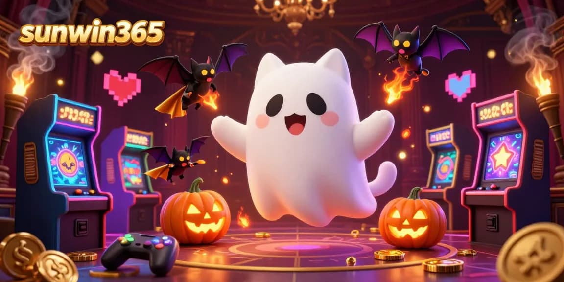 Enjoy thrilling gameplay at sunwin365 with a vibrant casino scene featuring a ghost cat and spooky elements.