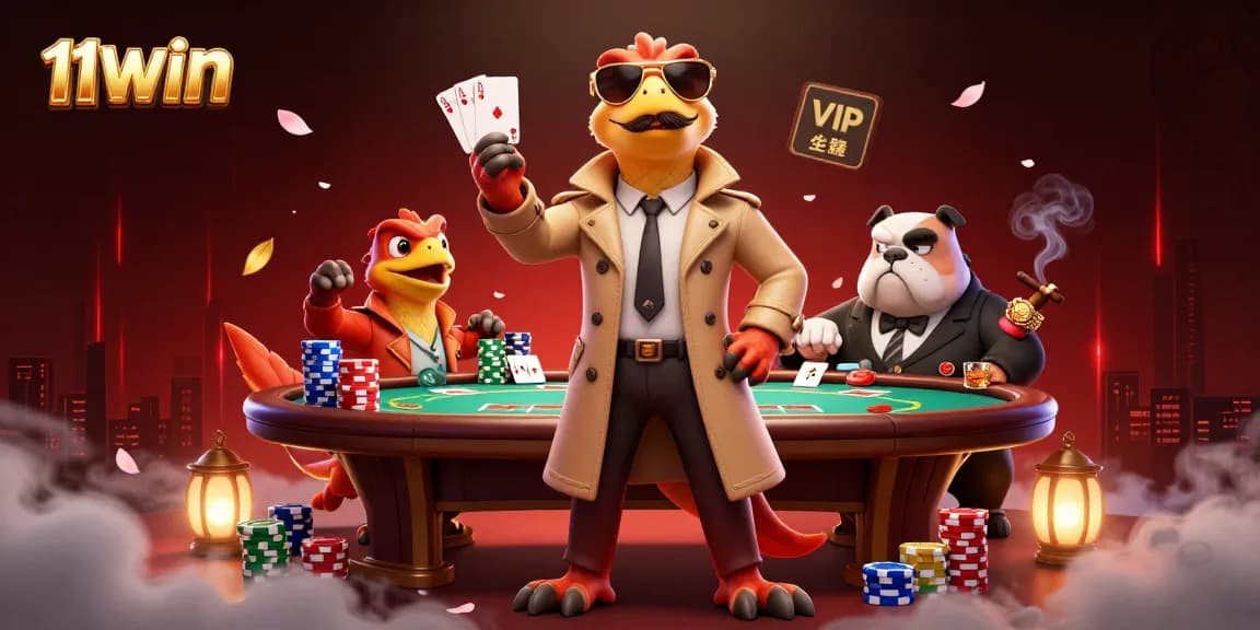 Engage in thrilling gameplay at 11WIN with raptors at a casino VIP lounge, showcasing poker excitement.