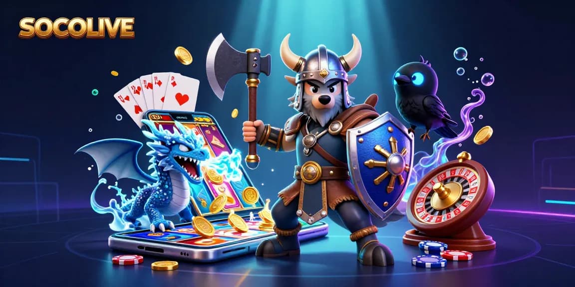 SOCOLIVE delivers an exhilarating gaming experience with a Viking warrior and dragon amidst vibrant casino-themed elements.