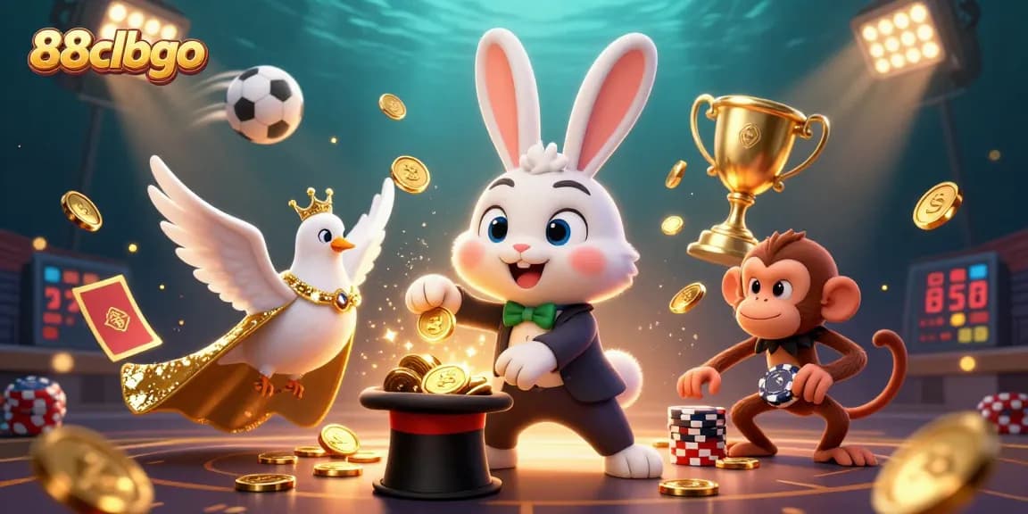 Win big with 88clbgo as a magician rabbit conjures coins amidst thrilling casino activities.