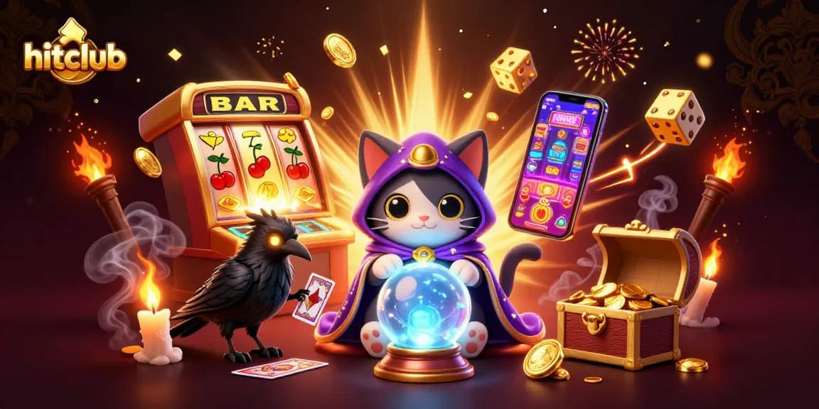 Engage with hitclub's vibrant 3D casino scene featuring a mystic cat, raven, and jackpot elements.