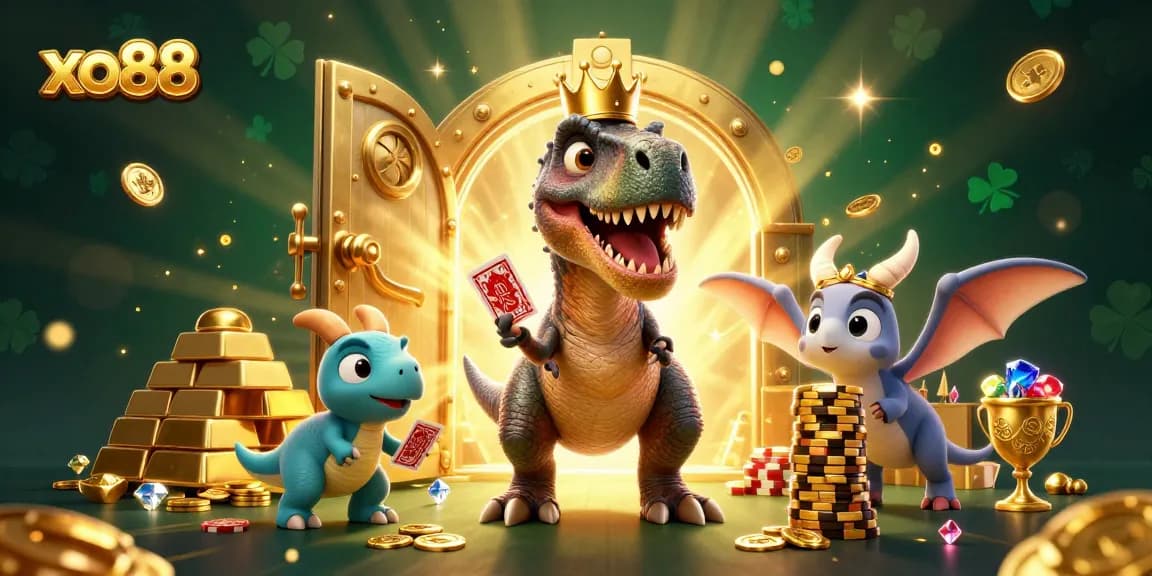 Experience the thrill of betting with xo88 in a vibrant animated casino scene featuring playful dinosaur characters.