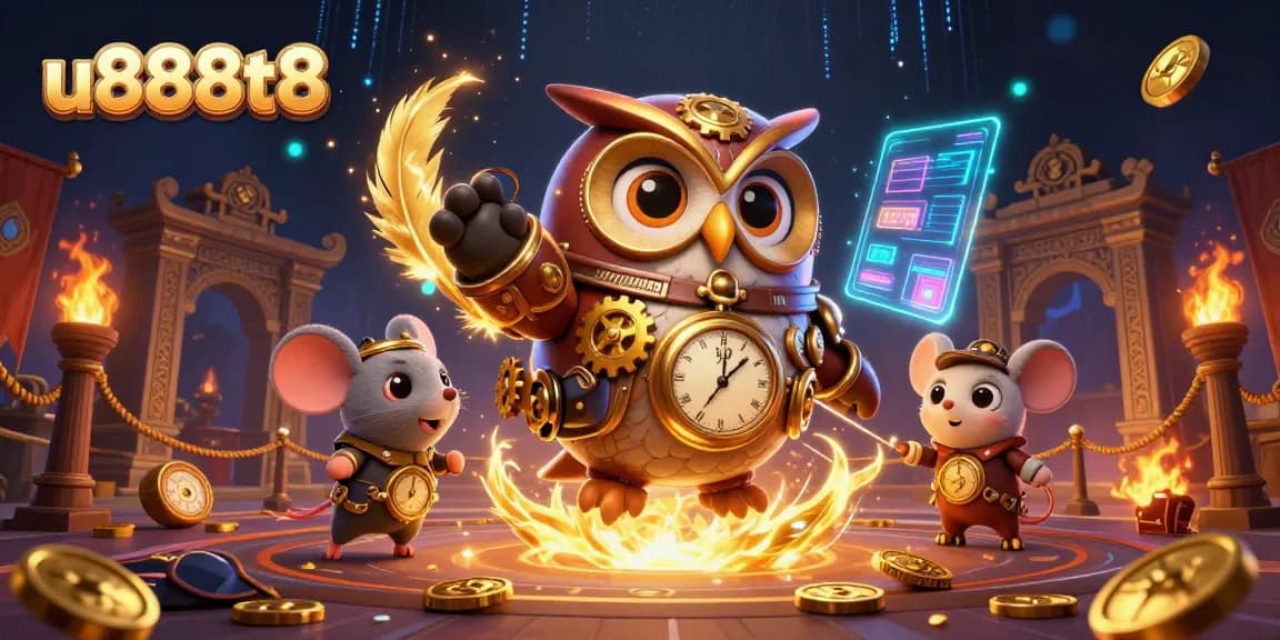 Experience the thrill of u888t8 with our steampunk owl navigating a vibrant casino adventure.