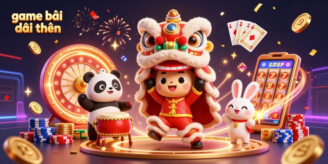 Experience the thrill of game bài đổi thưởng with festive characters amid dynamic casino elements.