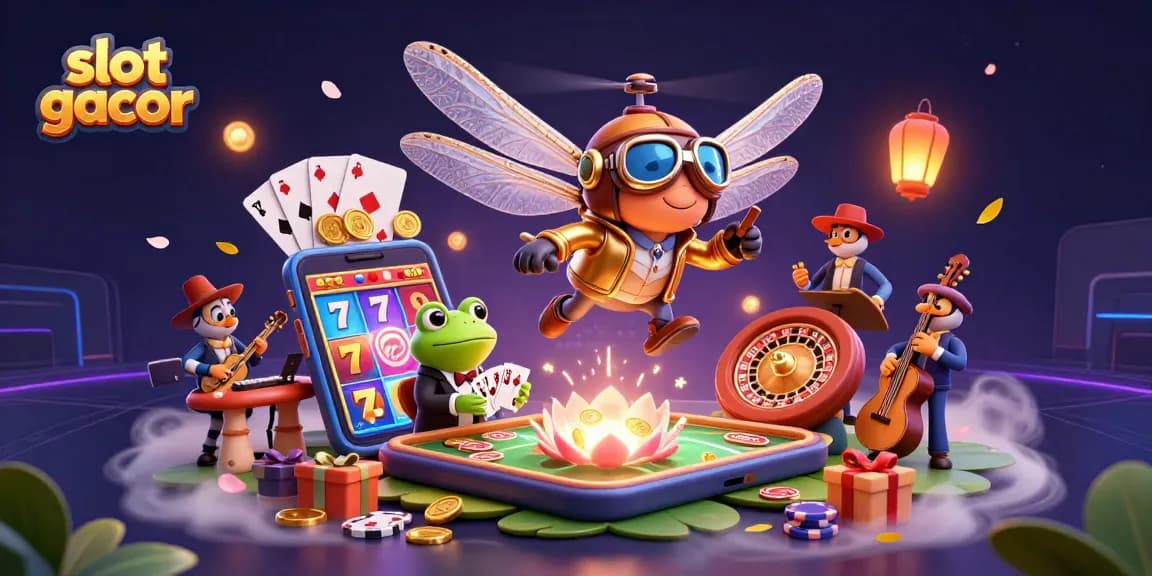 Engage with slot gacor excitement in a vibrant 3D casino scene featuring a lively dragonfly pilot and frog croupier.