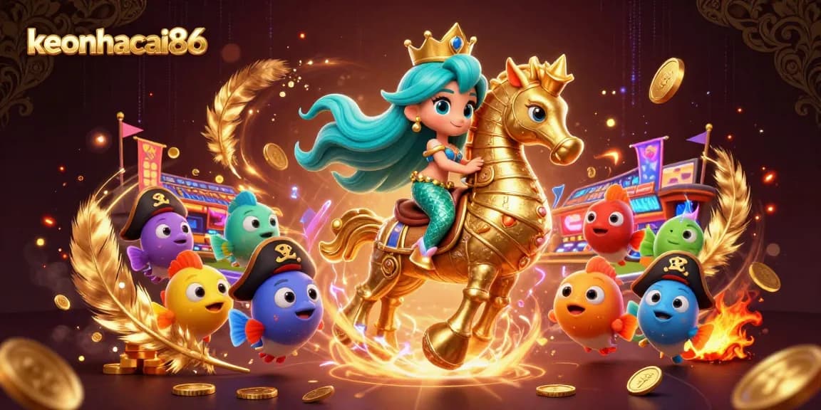 Experience thrilling action with keonhacai86 as a cartoon mermaid leads a sports betting arena.