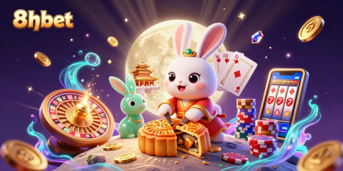 Experience casino excitement with 8xbet’s vibrant moon rabbit illustration showcasing thrilling game elements.